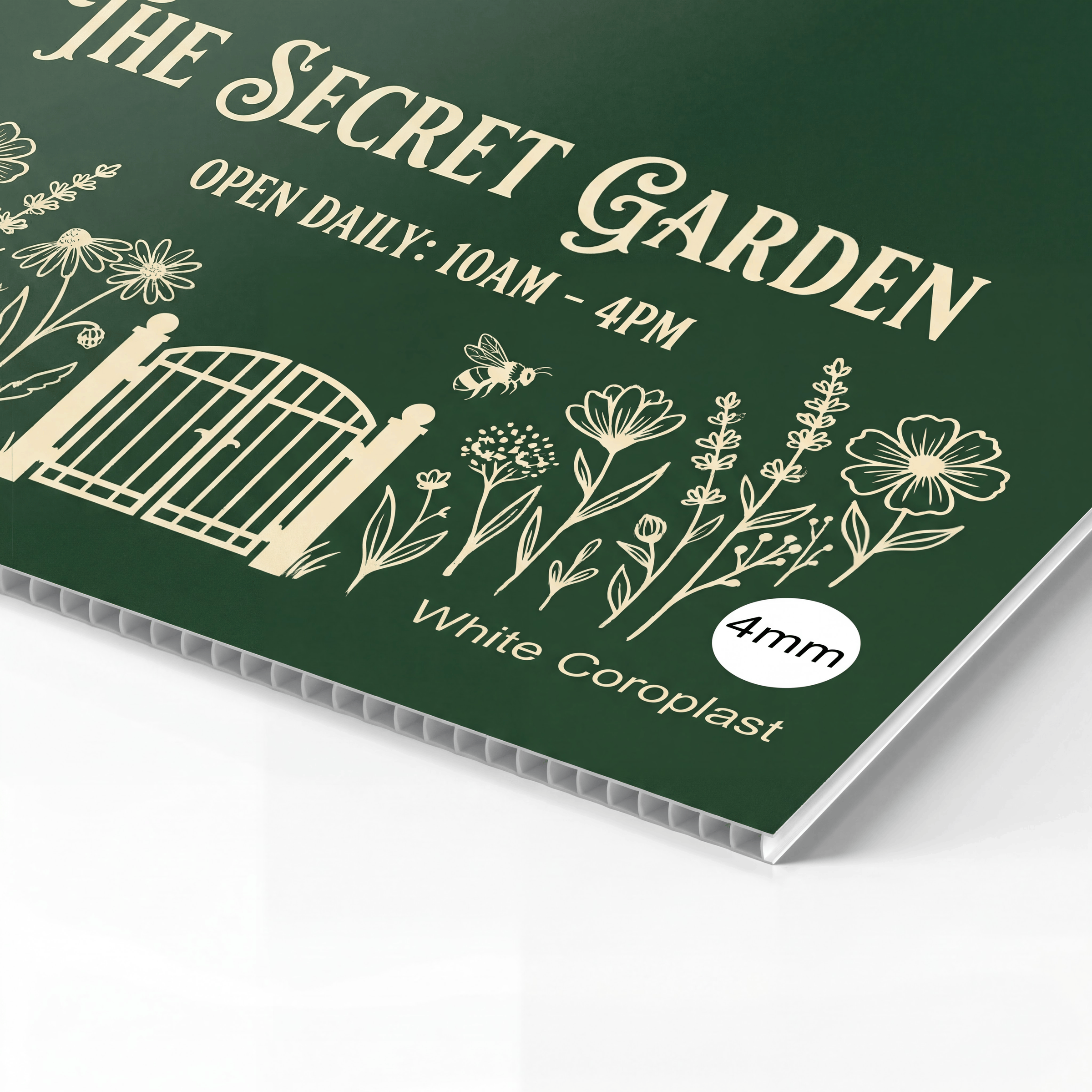 Custom Coroplast sheet by Varaprint, showing a lightweight, durable corrugated plastic board for signage and display purposes.