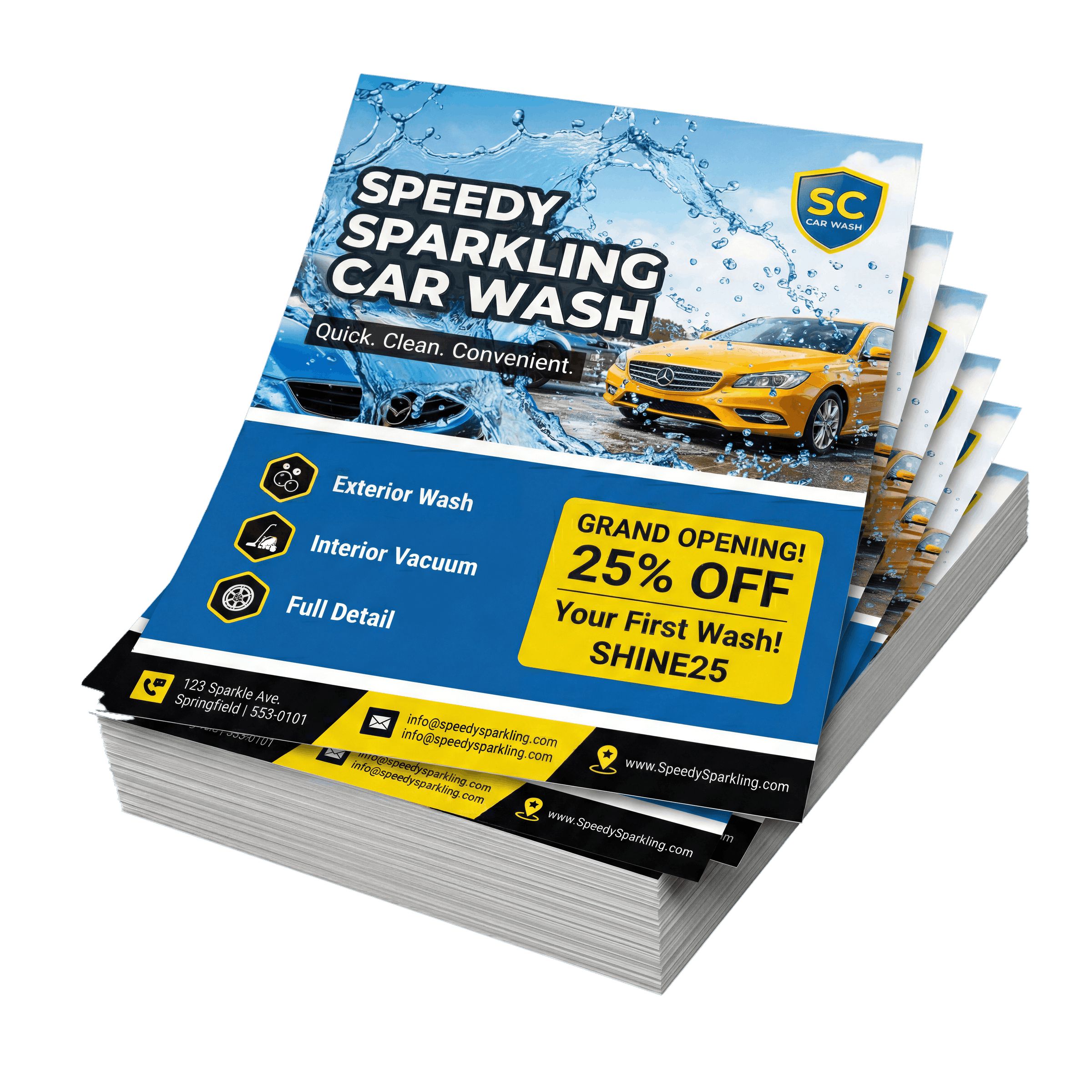 Varaprint custom flyers and brochures flat layout showing vibrant, professionally designed marketing materials.
