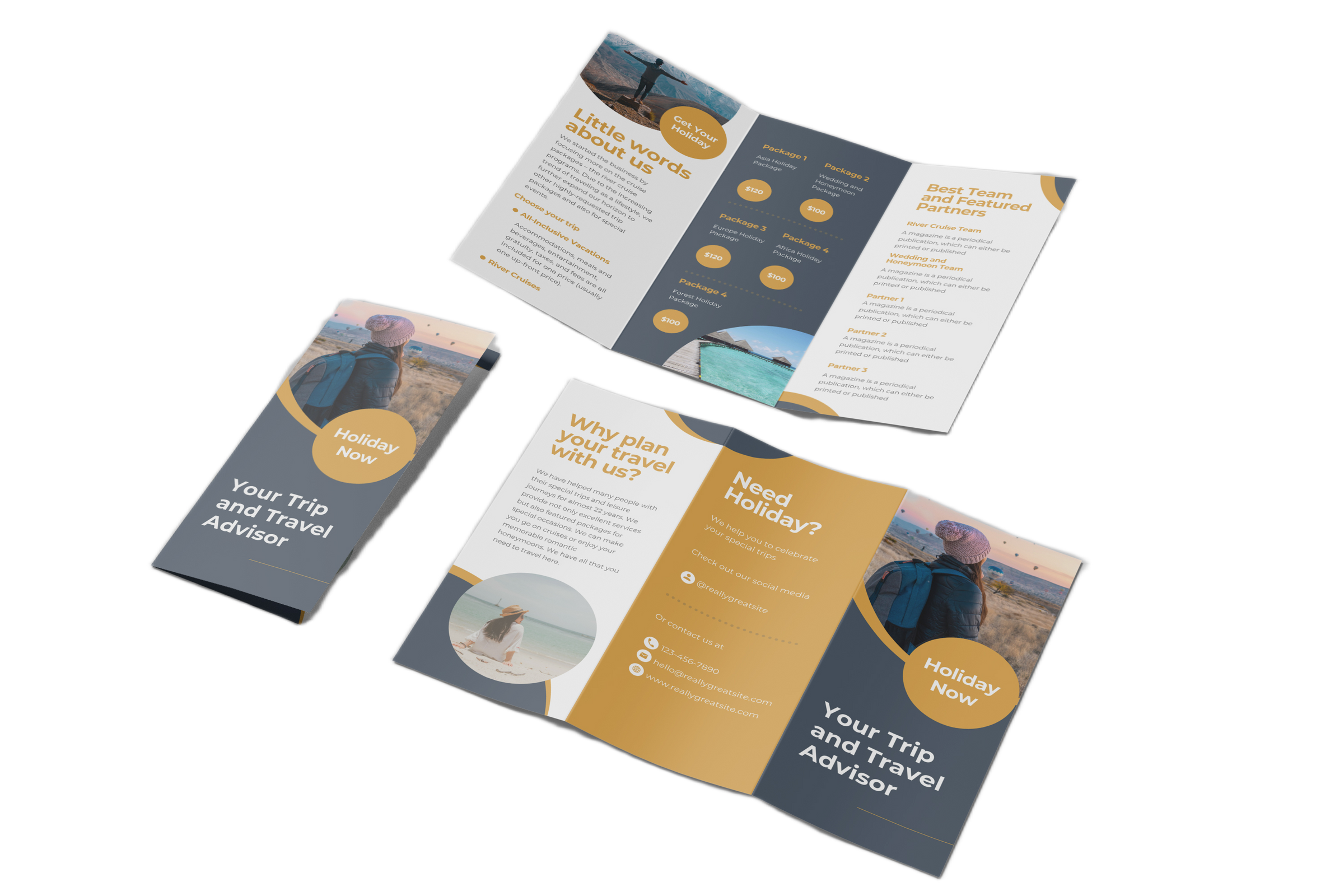 Varaprint tri-fold flyers and brochures on 8.5x11 paper, showcasing professional brochure design and vibrant print quality.