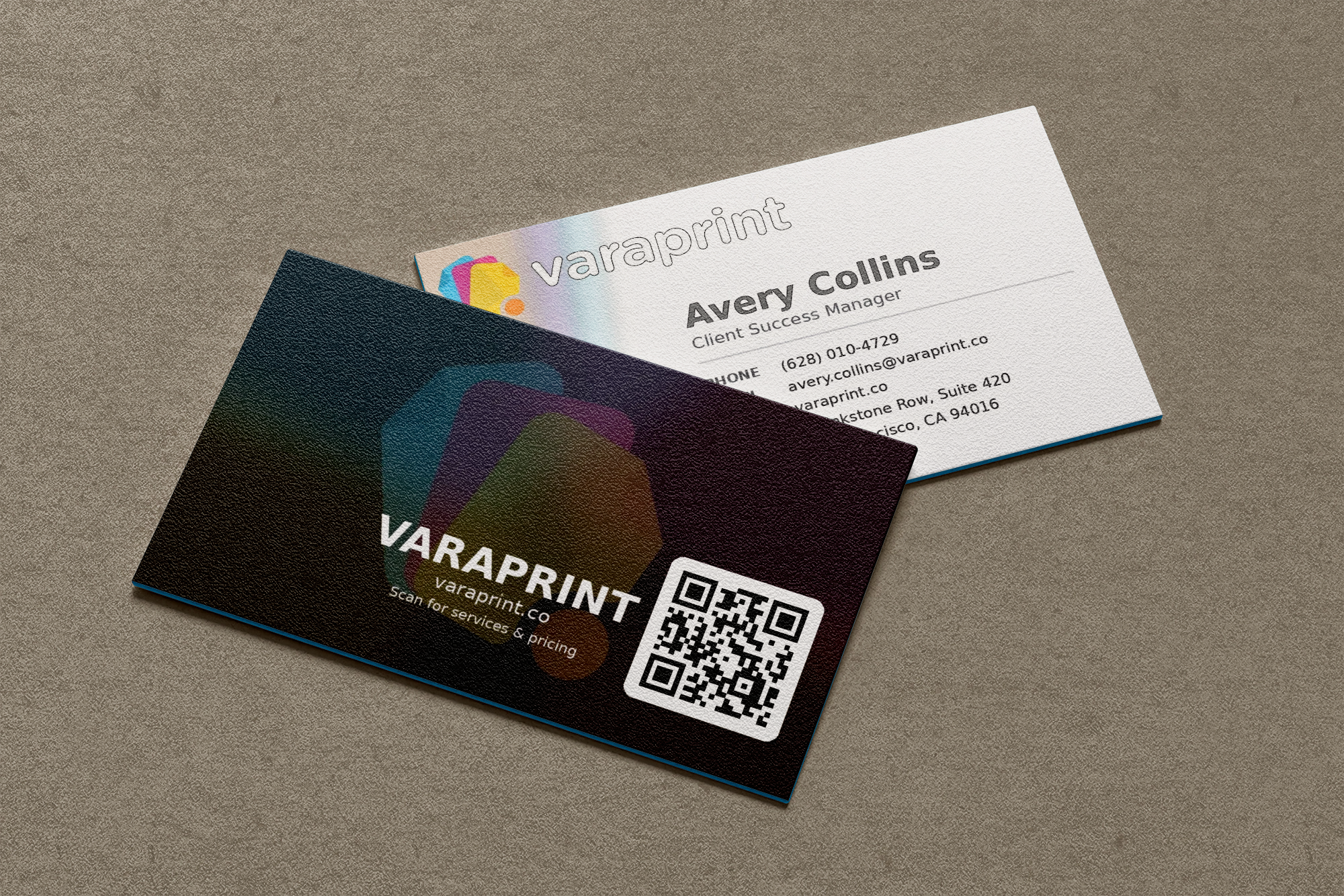 Full color business cards by Varaprint, featuring a standard full color design with professional layout and vibrant visuals.
