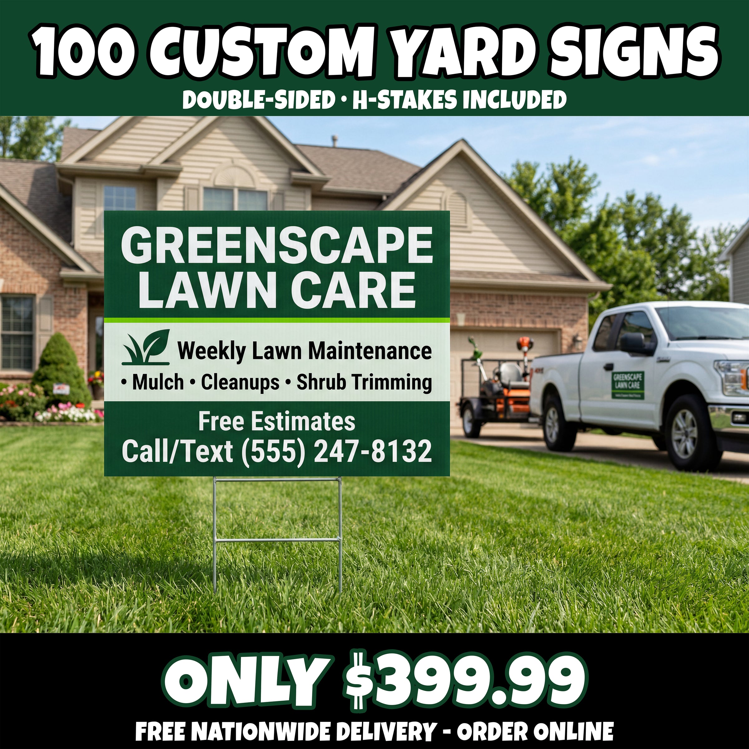 Set of 10 customizable 12x18 inch yard signs printed by Varaprint, suitable for outdoor advertising or events.