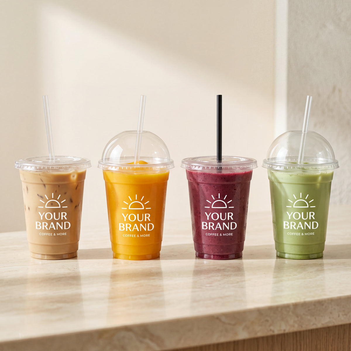 Clear PET cold-drink cups with a sample single-color white logo and flat and dome lids, sold separately.