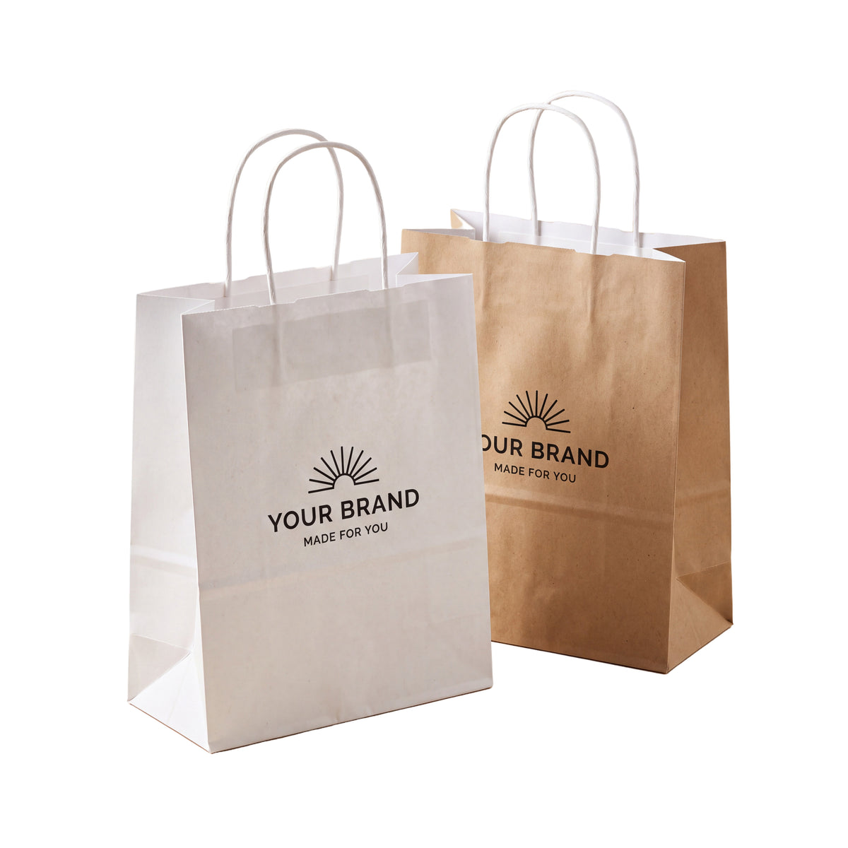 White and brown paper shopping bags with white twisted handles and a sample black one-color logo.