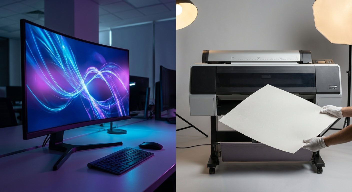 A side-by-side comparison of a glowing monitor screen and a printed sheet emerging from a printer, illustrating the color difference between RGB and CMYK.
