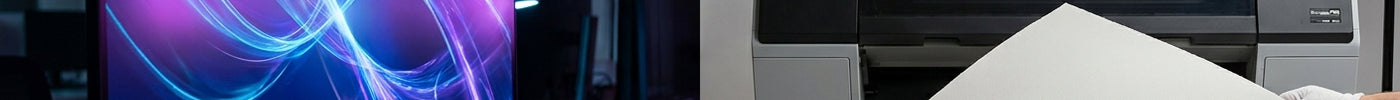 A side-by-side comparison of a glowing monitor screen and a printed sheet emerging from a printer, illustrating the color difference between RGB and CMYK.