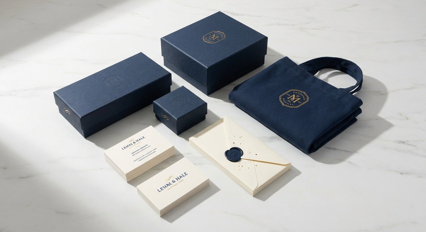 A flat lay of cohesive branded print materials including custom packaging boxes, business cards, a sealed envelope, and a tote bag in a unified navy and gold color scheme on a marble surface.