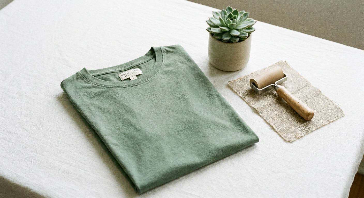 A flat lay of a folded sage green organic cotton t-shirt, a small succulent, fabric swatches, and a printing roller arranged on a clean white surface in soft natural light.