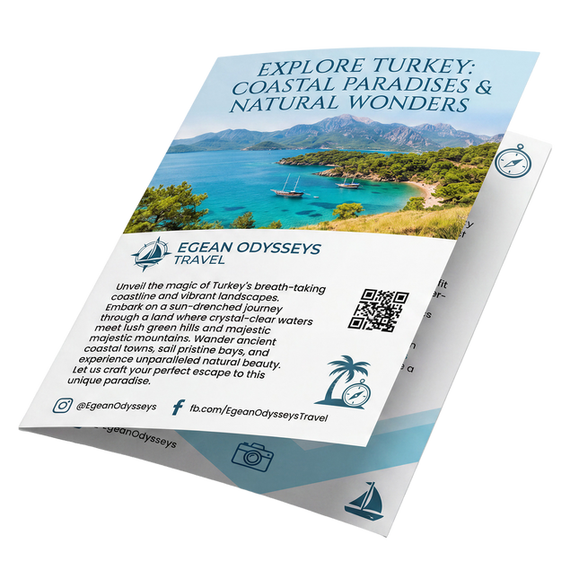 Varaprint custom half-fold brochures displayed flat, showcasing vibrant colors and professional design on 8.5x14-inch paper.