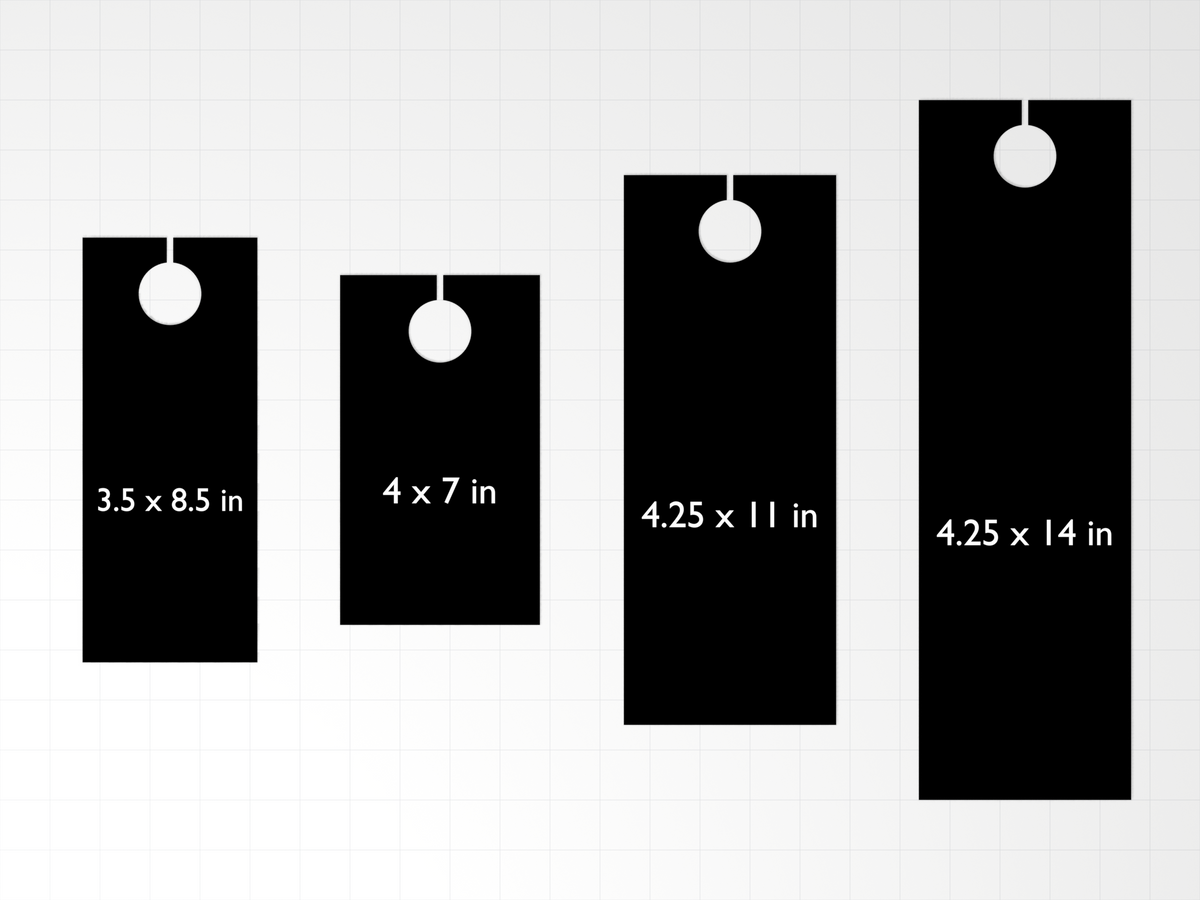 Varaprint standard door hangers with marketing print in various sizes, showcasing finished designs on durable paper.