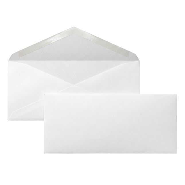Varaprint blank envelopes measuring 4.125 x 9.5 inches, showing a stack of plain white envelopes on a flat surface.
