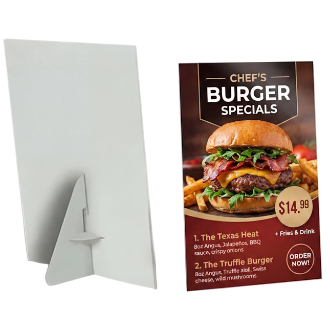Foam core counter cards by Varaprint, 5.5 x 8.5 inches, used for signage displays on countertops.