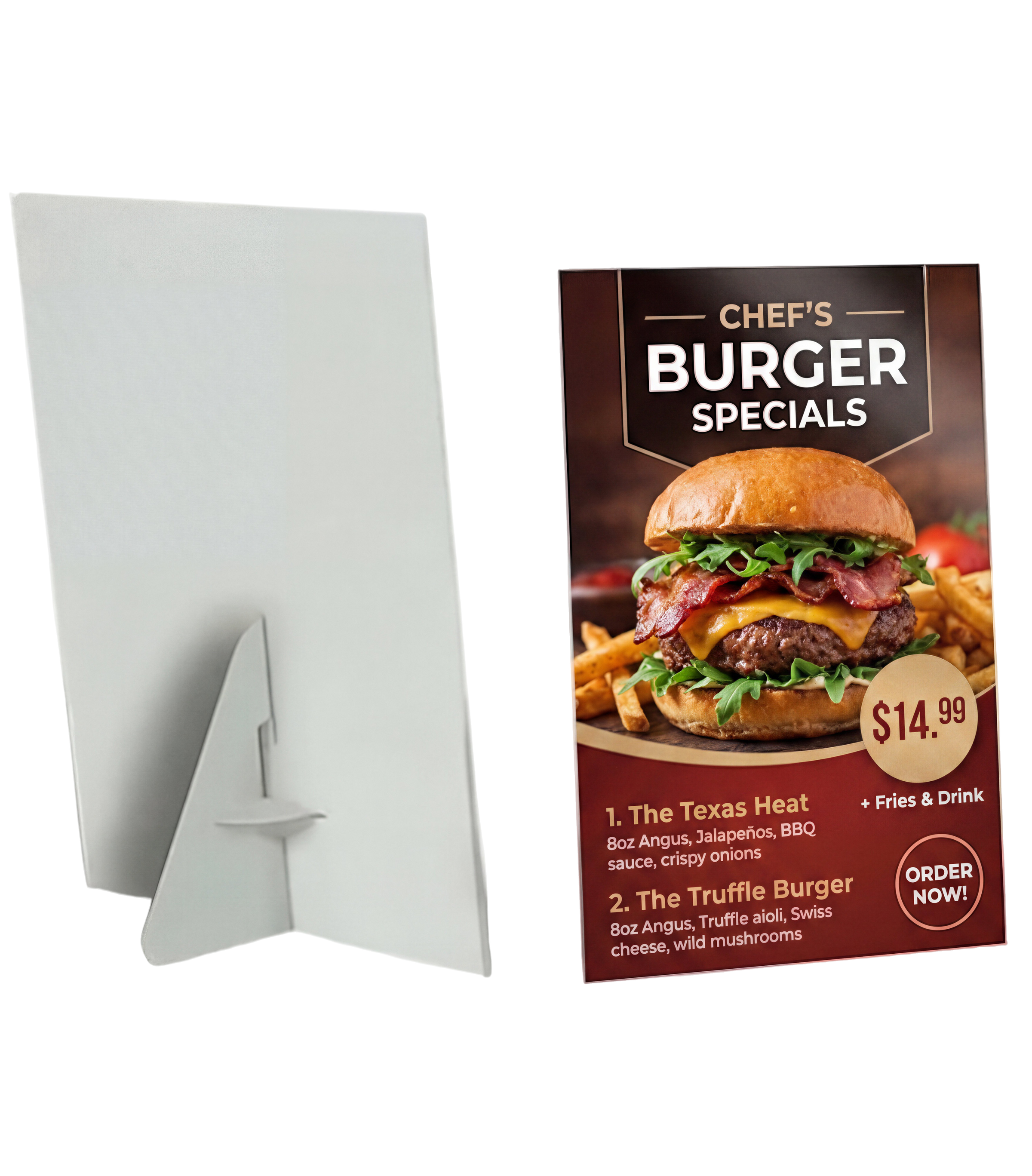 Foam core counter cards by Varaprint, 5.5 x 8.5 inches, used for signage displays on countertops.