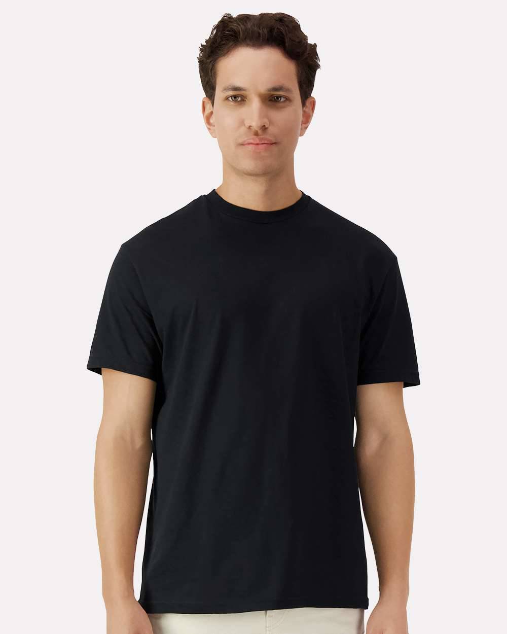 Black Gildan 3000 Unisex Light Cotton T-Shirt by Varaprint, front view on a high model.