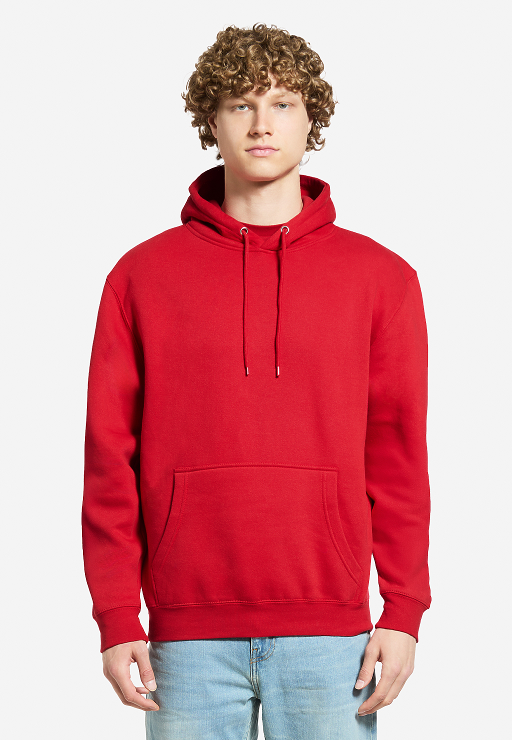Red premium pullover hoodie by Varaprint, featuring a soft fabric and cozy fit, shown on a mannequin.