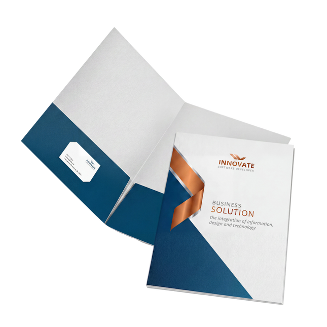 Varaprint 9 x 12 presentation folders for marketing materials, featuring colorful paper covers and inside pockets.