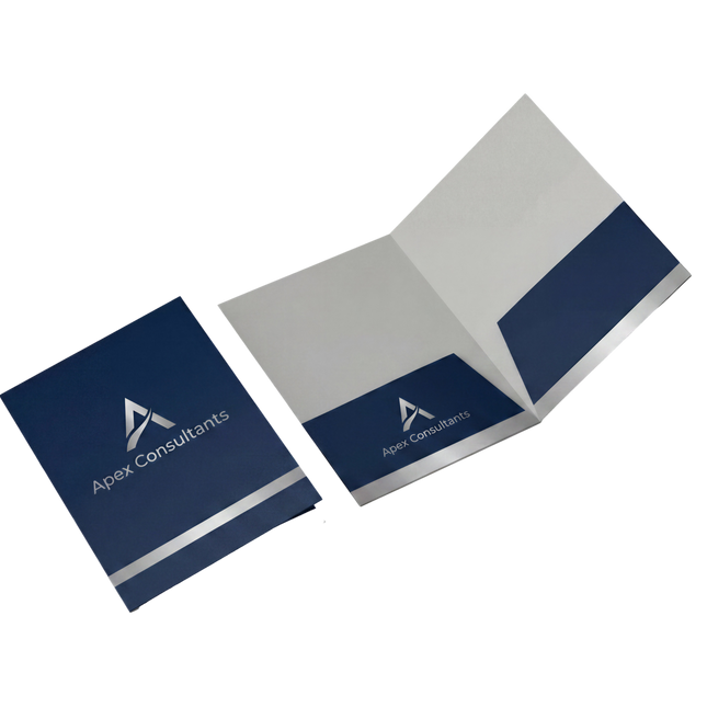Six Varaprint 6x9 presentation folders for marketing materials, displayed with closed and open views showing interior pockets.