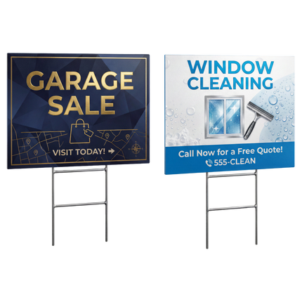 Set of 10 Varaprint 12x18 yard signs for custom printing, displayed outdoors on stakes with vibrant designs.