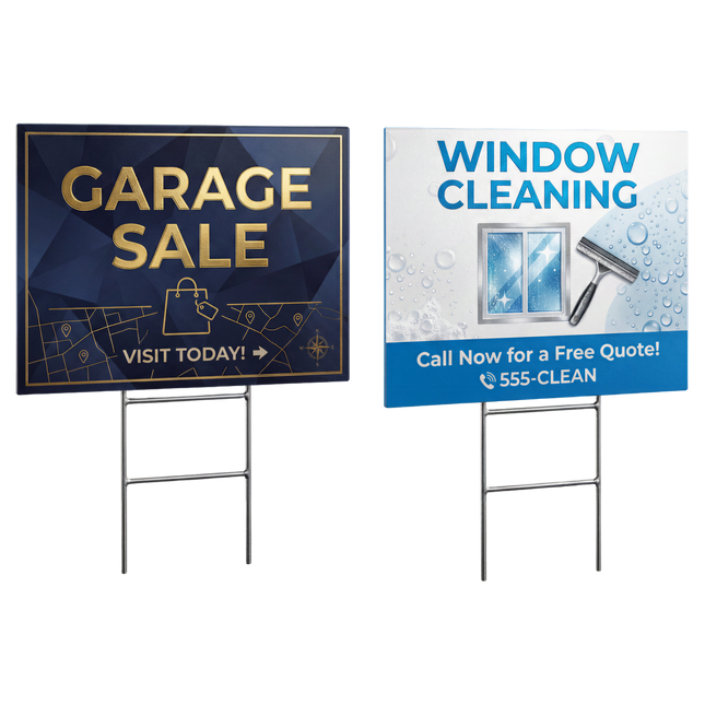 Set of 10 Varaprint 12x18 yard signs for custom printing, displayed outdoors on stakes with vibrant designs.