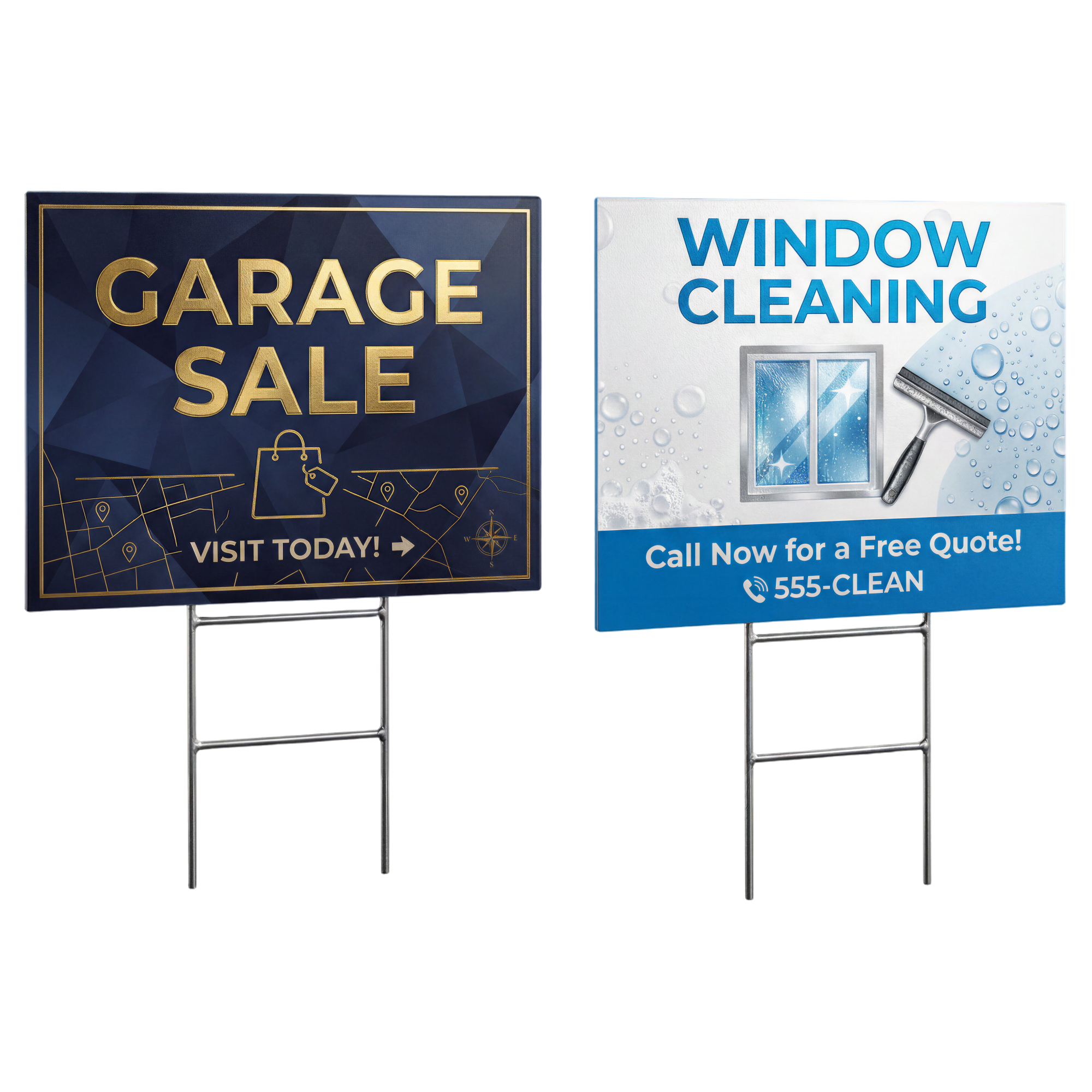 Set of 10 Varaprint 12x18 yard signs for custom printing, displayed outdoors on stakes with vibrant designs.