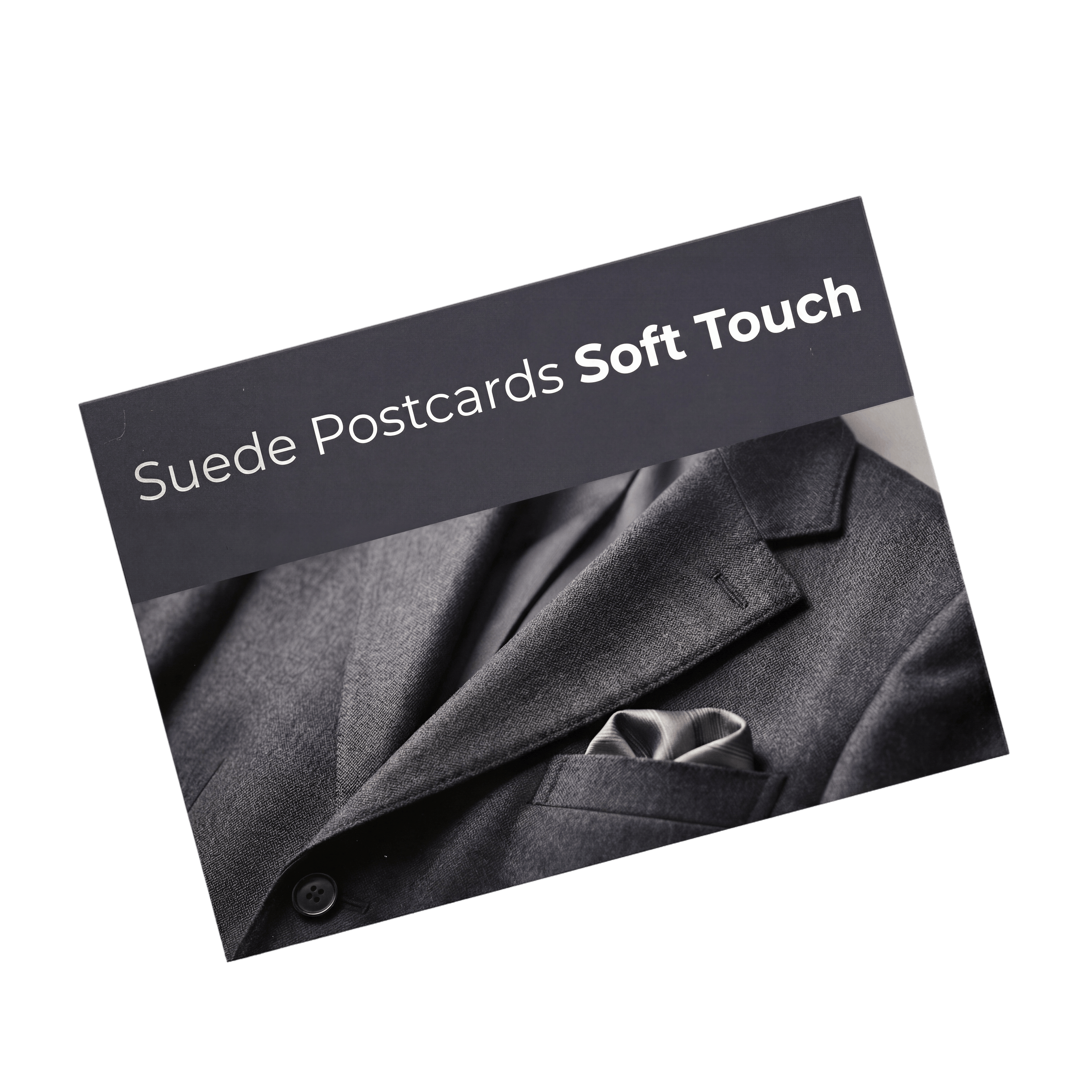 Close-up of a 4x6 suede postcard featuring a soft, textured surface with a marketing print from Varaprint.