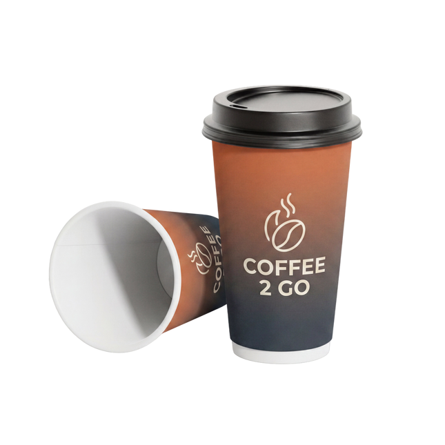 Full-print paper cups by Varaprint, showcasing colorful printed designs on standard paper cups for beverages.