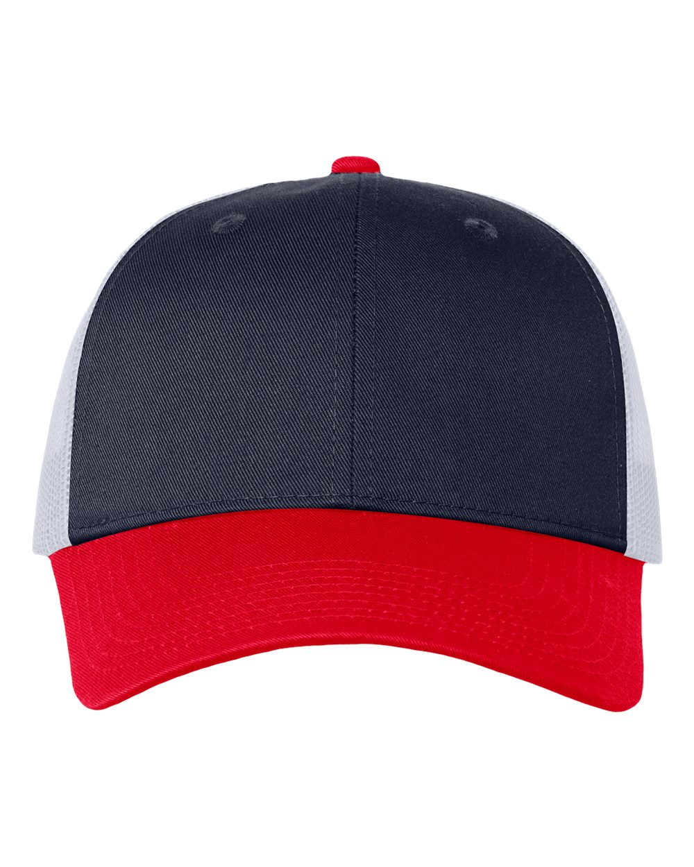 DTF Trucker Hat — Navy/ White/ Red — front garment preview