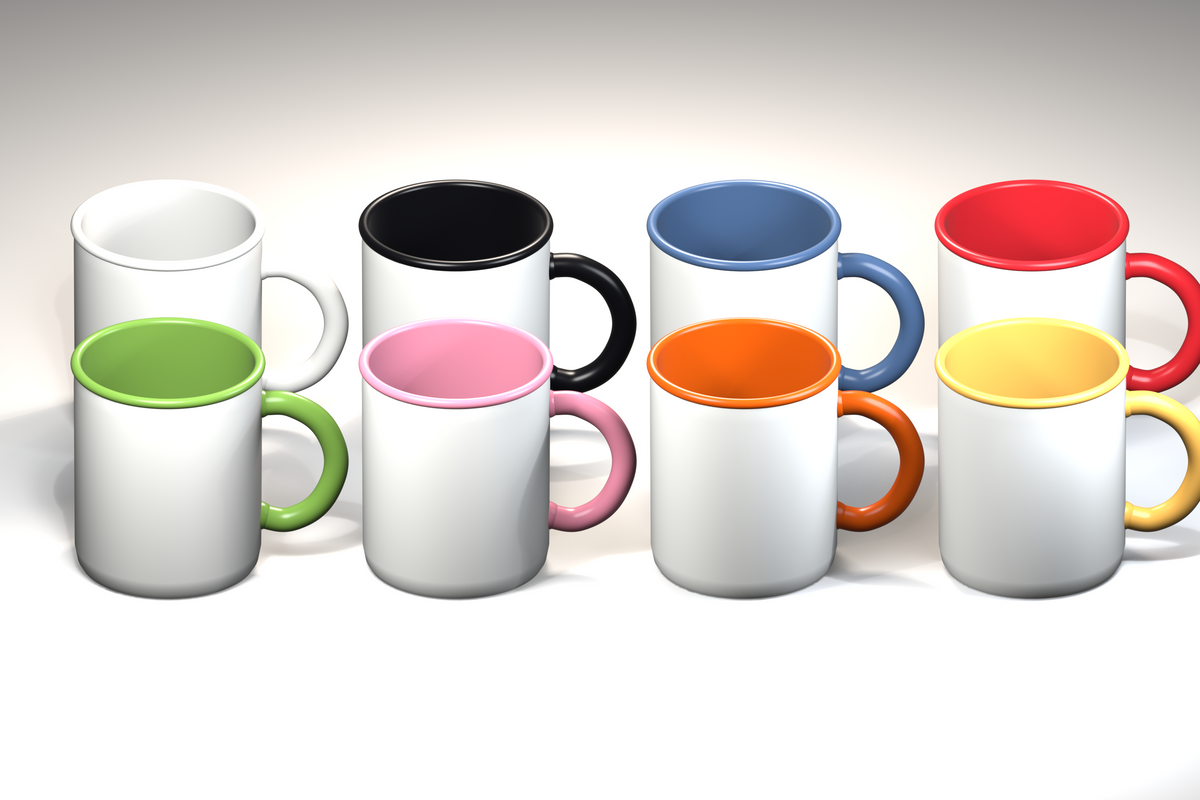 Colorful custom mugs by Varaprint displayed in various sizes and colors, showcasing personalized ceramic coffee mugs.