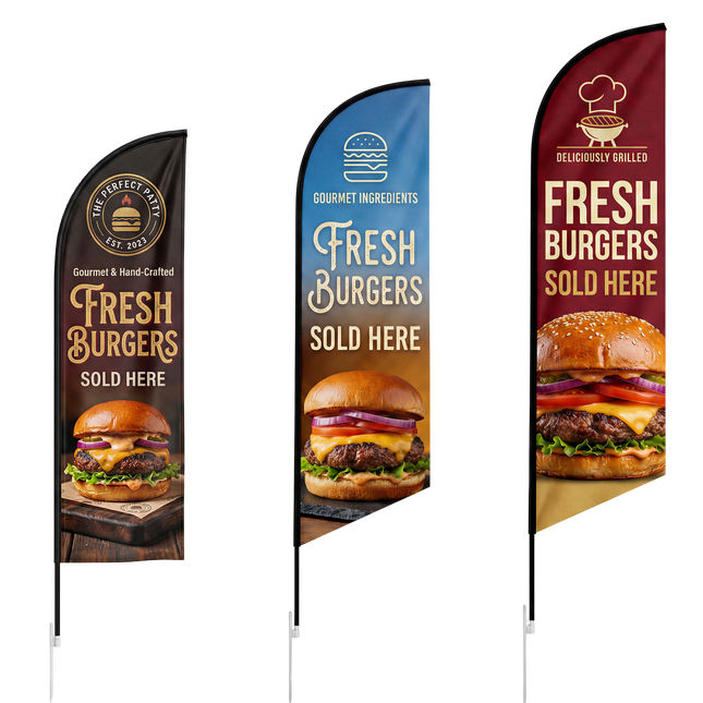 Feather angled flag with pole by Varaprint, showcasing vibrant fabric design, sturdy pole, and usage in outdoor advertising.