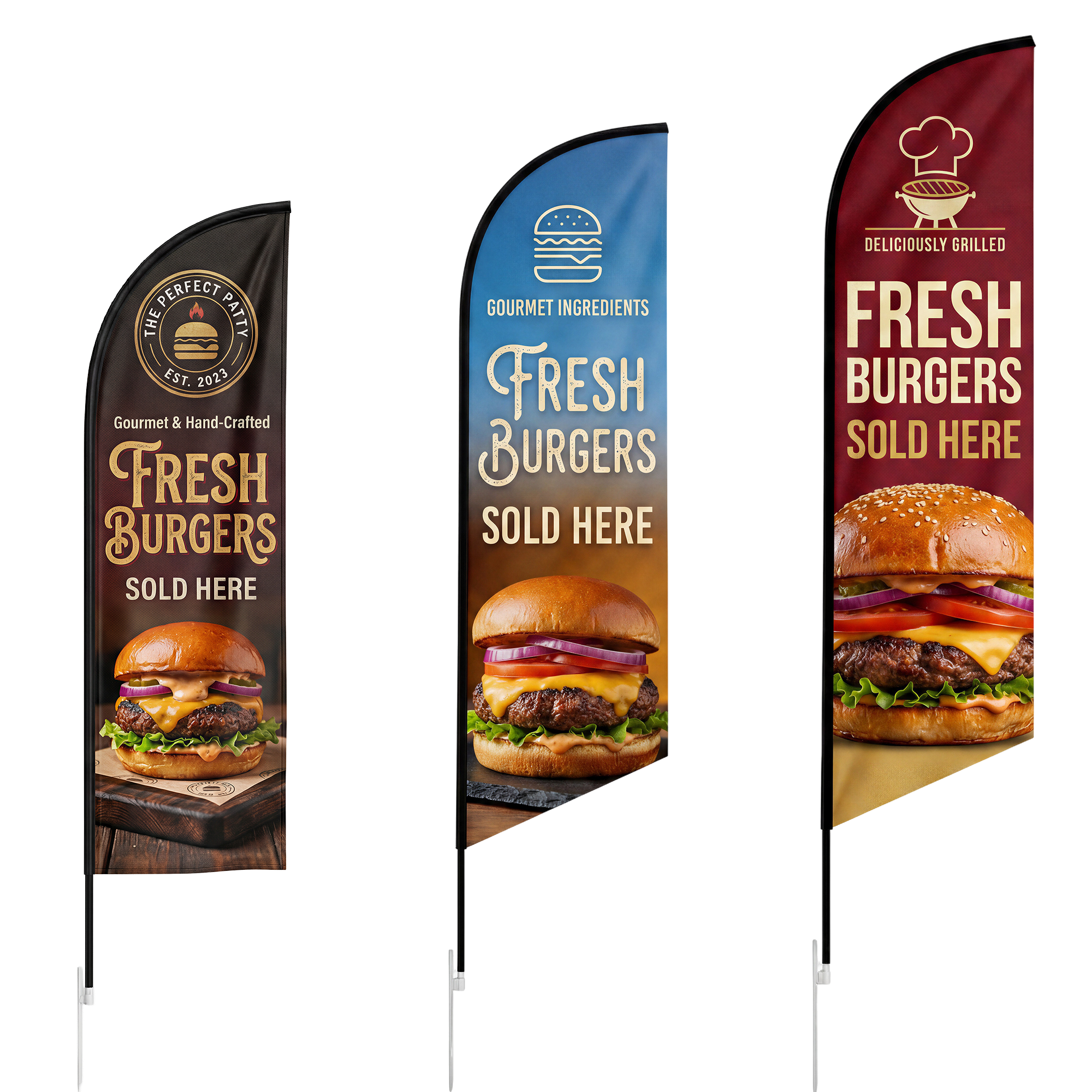 Feather angled flag with pole by Varaprint, showcasing vibrant fabric design, sturdy pole, and usage in outdoor advertising.