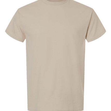 White Gildan 2000 Unisex Ultra Cotton T-Shirt, soft cotton fabric, casual fit, front view with neckline and short sleeves.