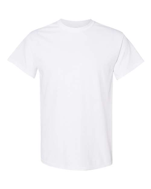 White Gildan 5000 Unisex Heavy Cotton T-Shirt, front view showing classic fit and soft fabric.