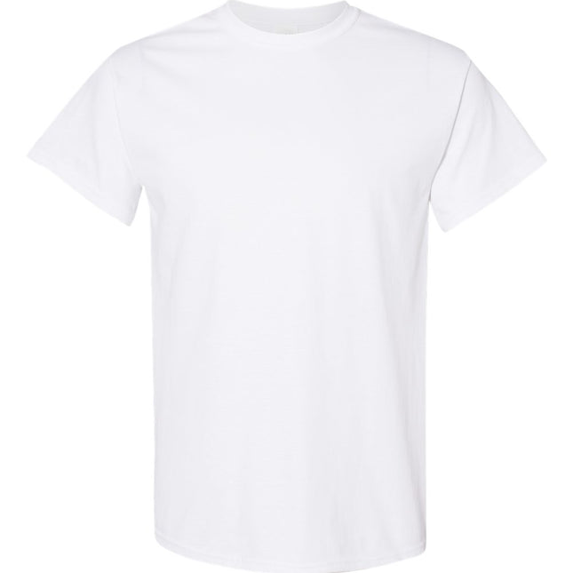 White Gildan 5000 Unisex Heavy Cotton T-Shirt displayed flat, showcasing the classic crew neck and soft cotton fabric.