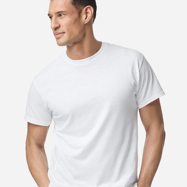 White Gildan 8000 Unisex DryBlend T-Shirt, casual cotton tee for men and women, displayed flat on a surface.