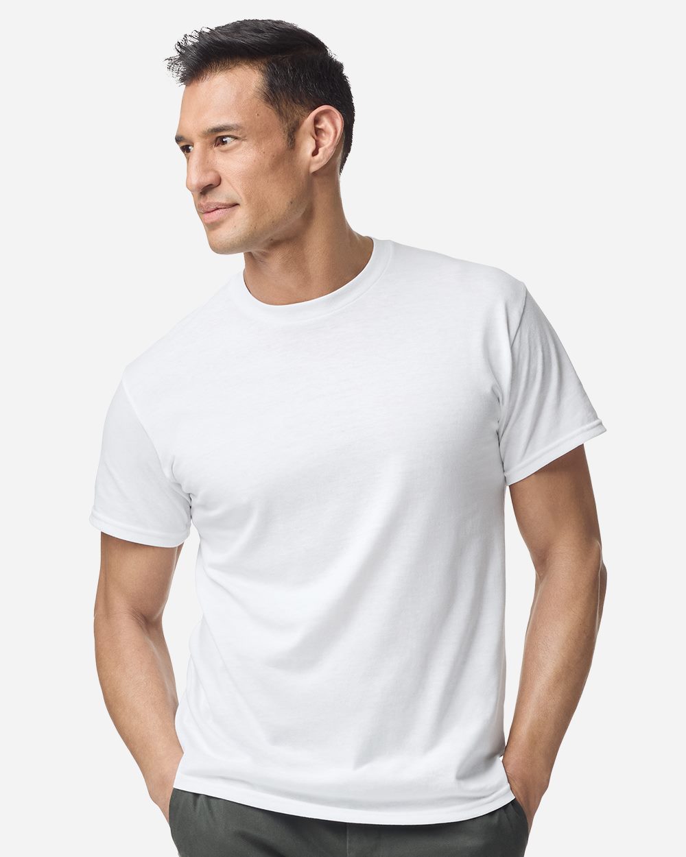 White Gildan 8000 Unisex DryBlend T-Shirt, casual cotton tee for men and women, displayed flat on a surface.
