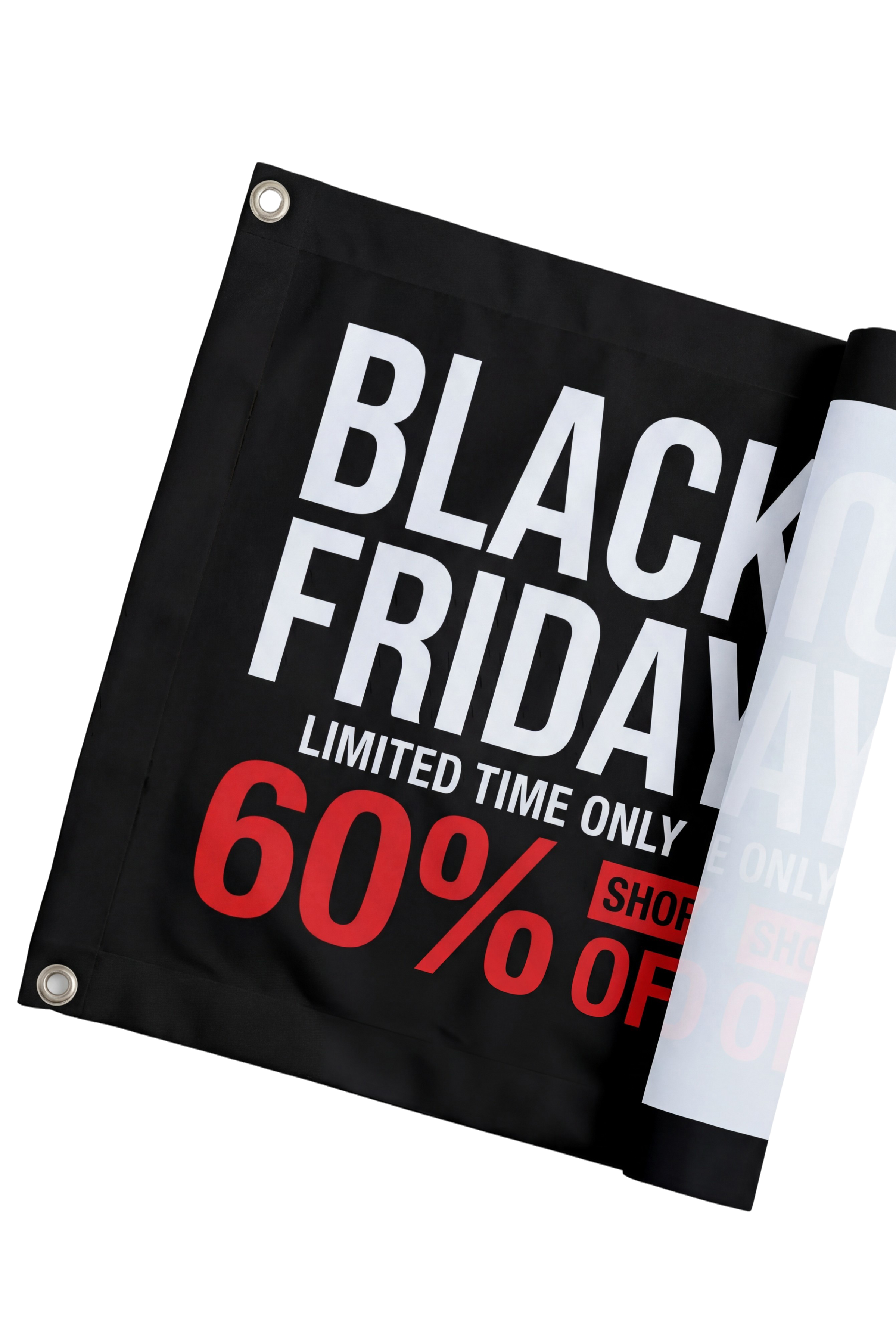 Vinyl banner from Varaprint with bold printed design, displayed outdoors with a cityscape background.