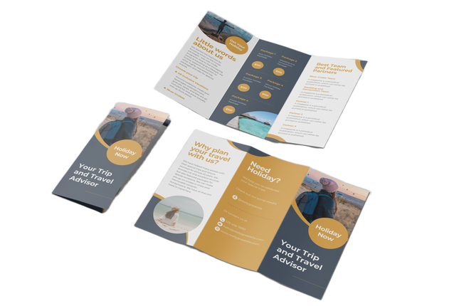 Tri-fold brochures with 8.5x11 inch size printed by MSI Print, showcasing folded brochure design and colorful interior pages.