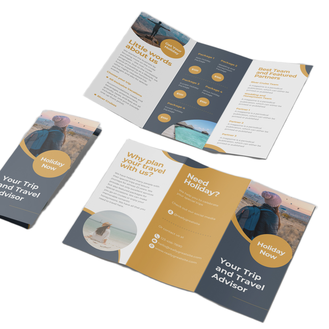 Custom Tri-Fold Brochures by Varaprint displaying vibrant, professionally printed 8.5x11 brochures with detailed fold design.