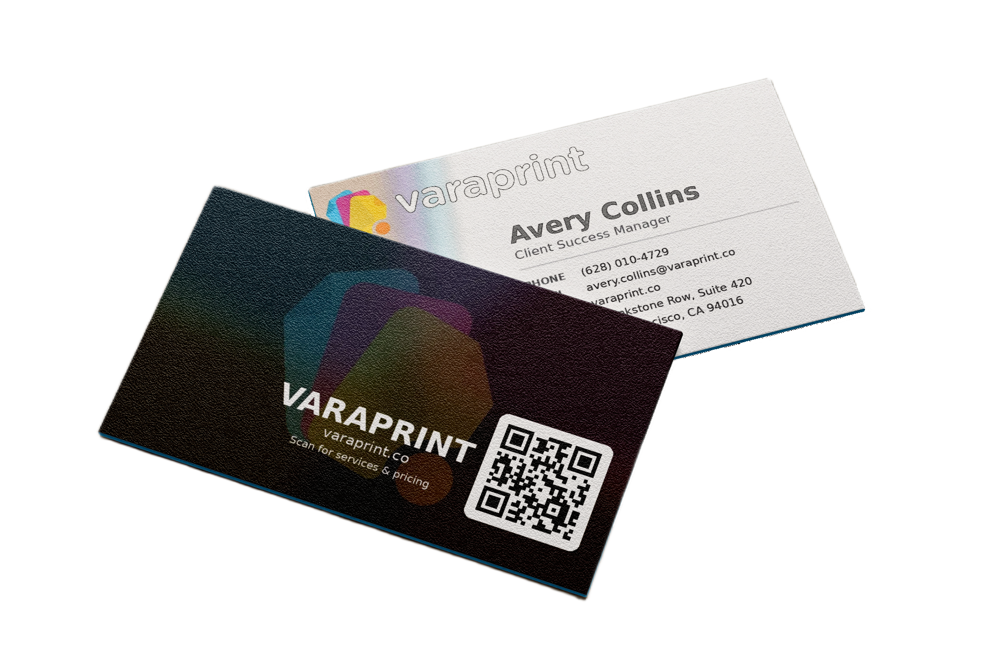 Full color Varaprint business cards with vibrant designs, showcasing standard full-color business card printing.