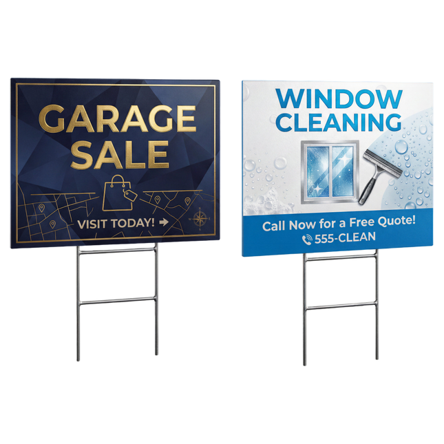 Colorful MSI Print yard signs with bold lettering, ideal for outdoor advertising or promotions displayed in yards.