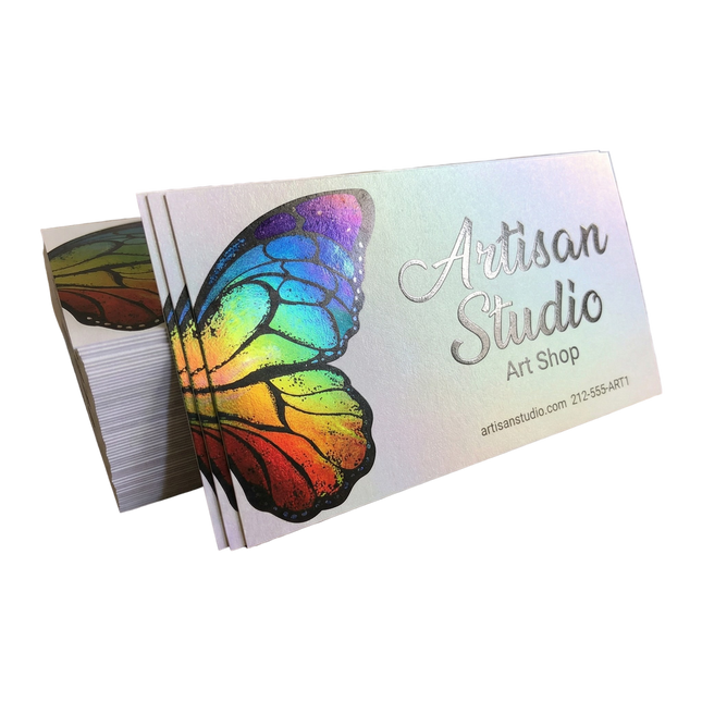 Shiny metallic business cards with a sparkling finish, designed for professional branding by Varaprint.
