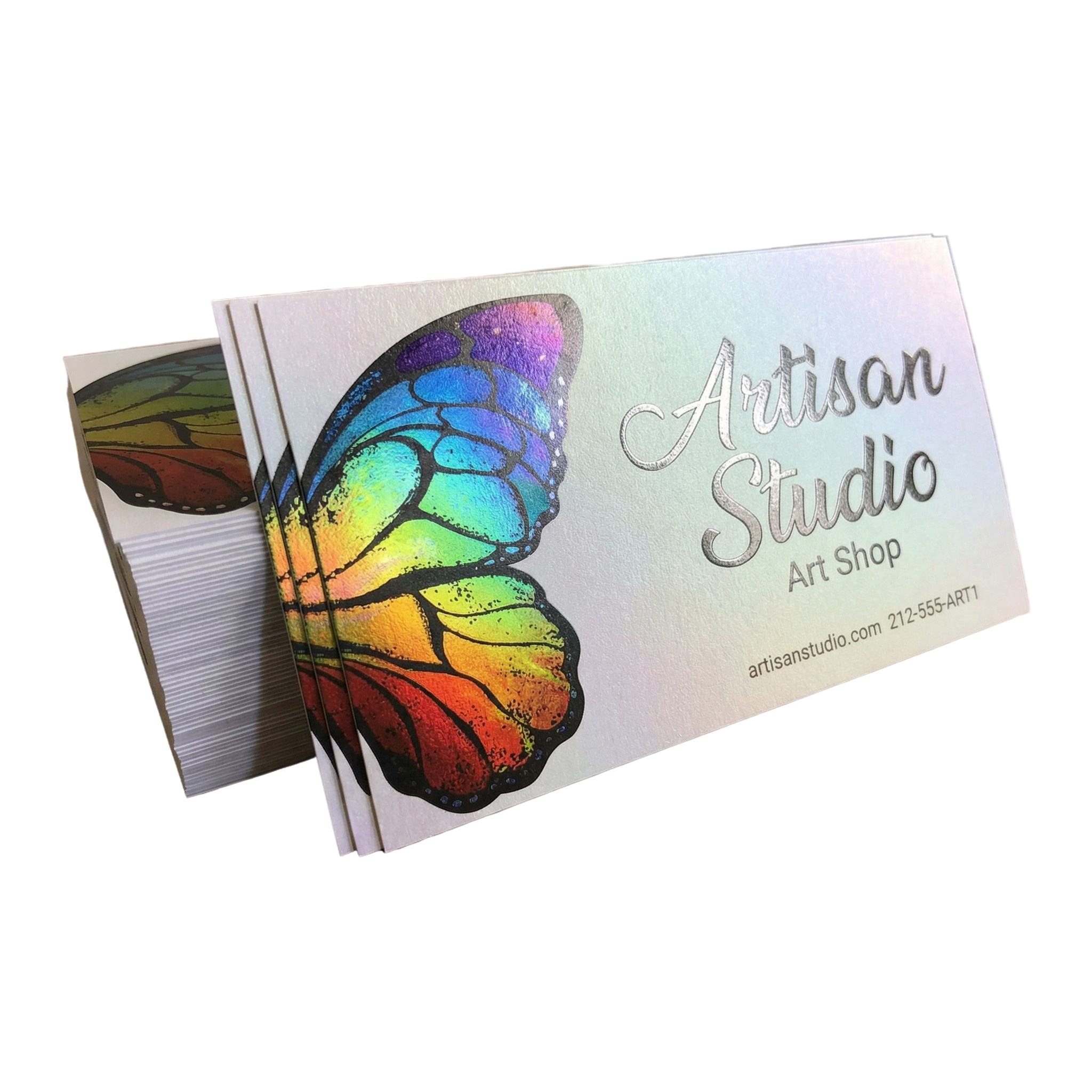 Sparkling metallic business cards by Varaprint with a shiny, reflective surface and professional design.