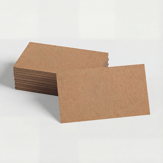 Brown Kraft business cards by Varaprint made from 100% recycled paper, showcasing a natural, eco-friendly design with a textured finish.
