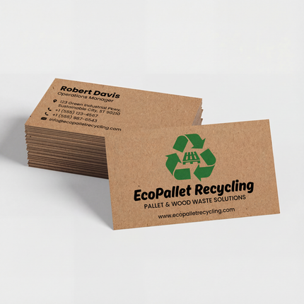Brown Kraft business cards from Varaprint, made from 100% recycled materials, featuring natural brown textured paper design.