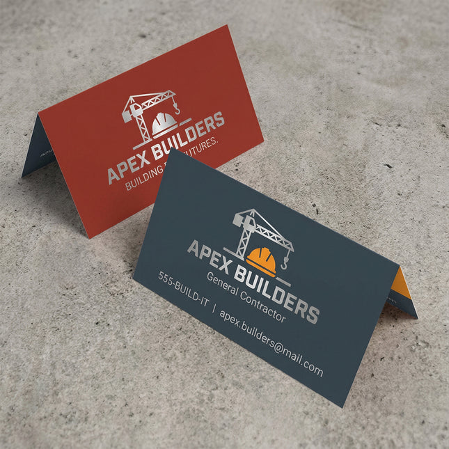 Varaprint fold-over business cards with sleek design, showing the folded card layout and professional appearance.