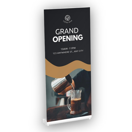Varaprint standard retractable banner featuring a coffee shop grand opening design, ideal for promotional events and advertising.