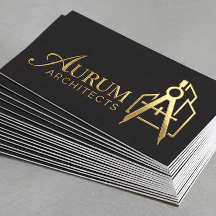 Raised foil business cards from Varaprint with gold foil, embossed design, and suede finish showcasing elegant, textured branding.