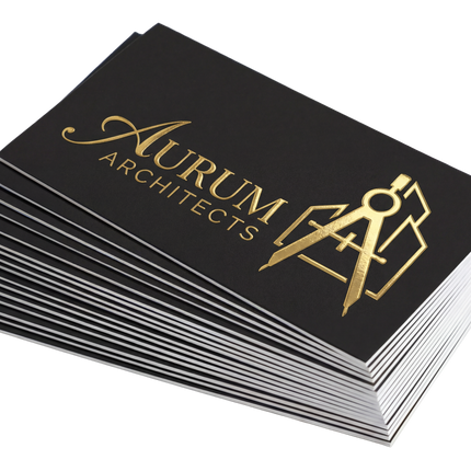 Raised foil business cards by Varaprint featuring gold foil, suede finish, and embossed details for a sophisticated professional look.