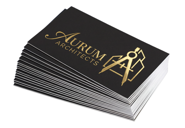 Raised foil business cards by Varaprint featuring suede finish and embossed foil design, showcasing elegant, textured branding.