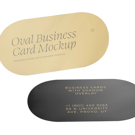 Varaprint oval business cards with shadow overlay mockup, showcasing sleek, professional card design on a white background.