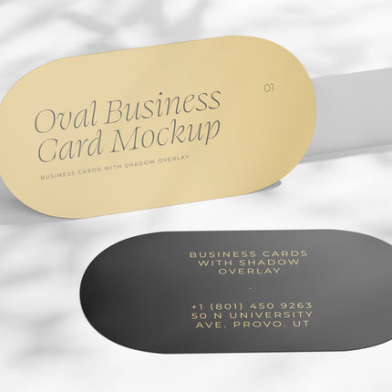 Varaprint oval business cards with shadow overlay, displayed in a mockup with a leaning and dropped angle.